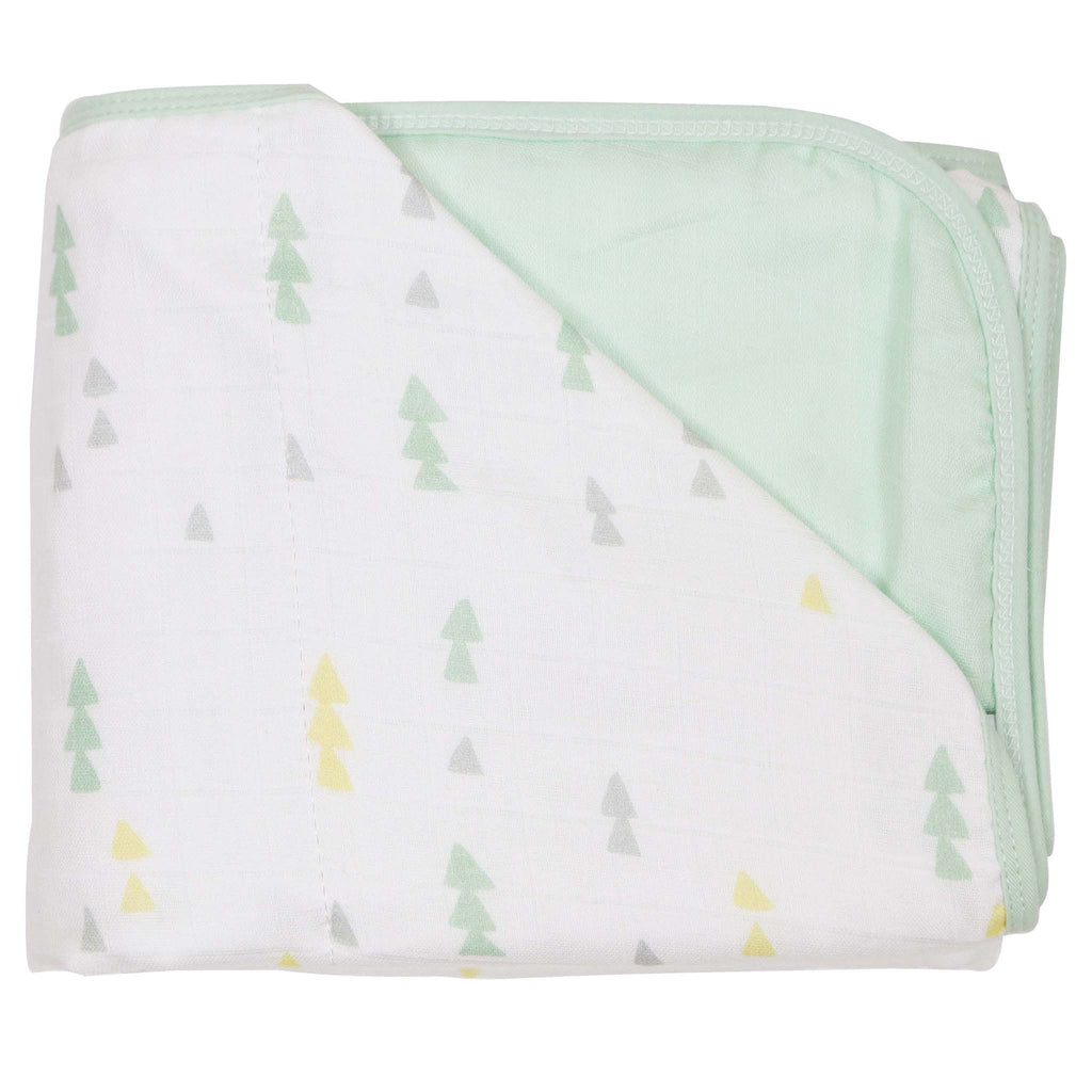 Triangles and Mint Oversized Bamboo Muslin Quilted Blanket featuring a playful triangles pattern in mint, yellow, and gray colors, showcasing its soft texture and cozy design, perfect for newborns.