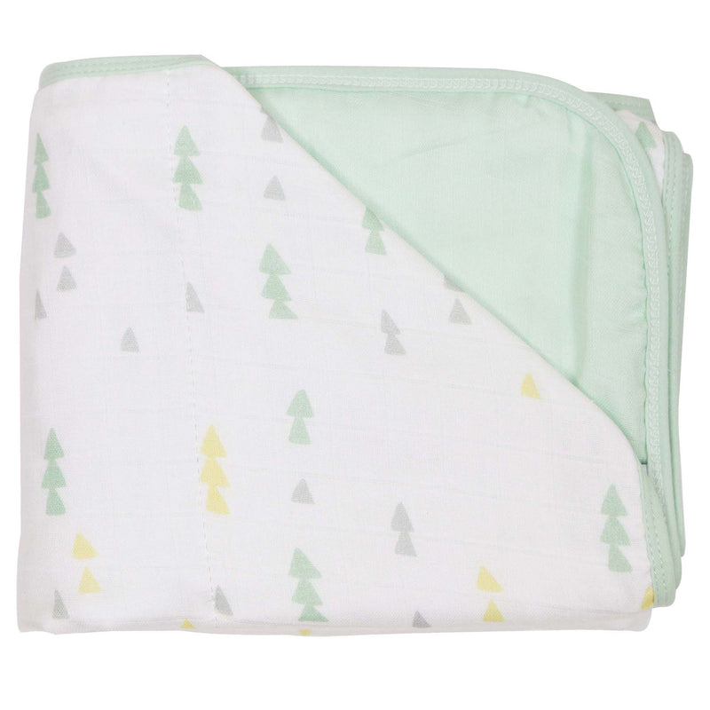 Triangles and Mint Oversized Bamboo Muslin Quilted Blanket featuring a playful triangles pattern in mint, yellow, and gray colors, showcasing its soft texture and cozy design, perfect for newborns.