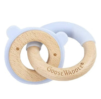 Blue bear silicone wood baby teether with natural wood and soft blue silicone for infants