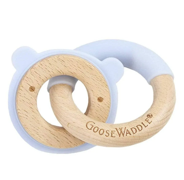 Blue bear silicone wood baby teether with natural wood and soft blue silicone for infants