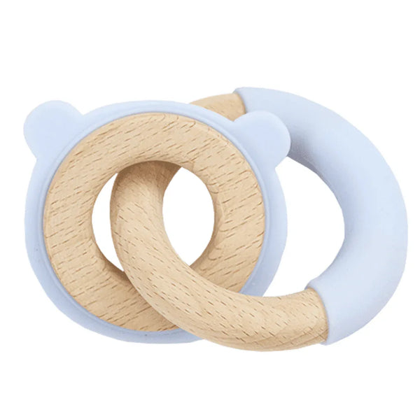 Blue bear silicone wood baby teether with light blue silicone and natural wood rings for infants