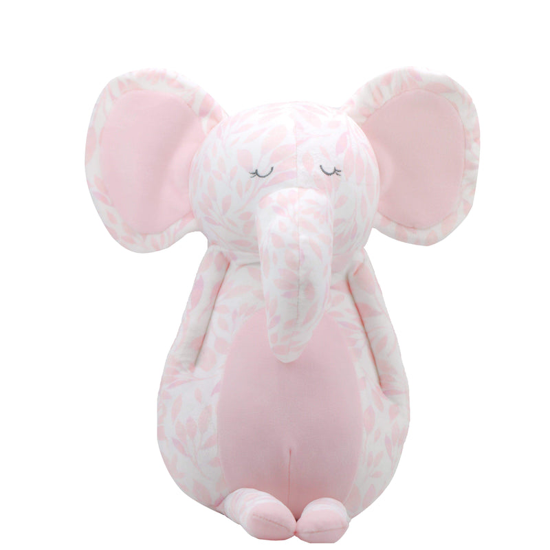 Super Soft Printed Plush 15-inch pink elephant plush toy with a gentle face and decorative leaf patterns, perfect for little ones.