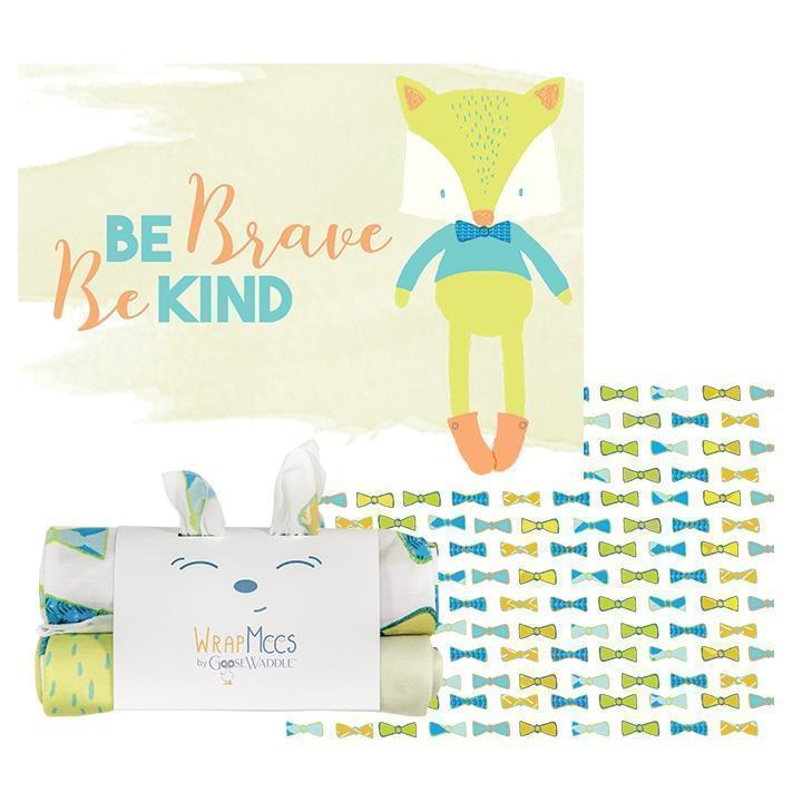 2 PK Newborn Receiving Blankets highlighting a fox illustration with the motivational text 'Be Brave Be Kind' by Goosewaddle®.