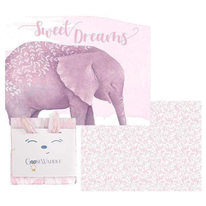 Poppy Elephant/ Leaves Pink 2 Pack Newborn Receiving Blanket set featuring a charming elephant design with the text 'Sweet Dreams' on one blanket and a chic all-over leaf pattern on the other, perfect for swaddling and nursing.