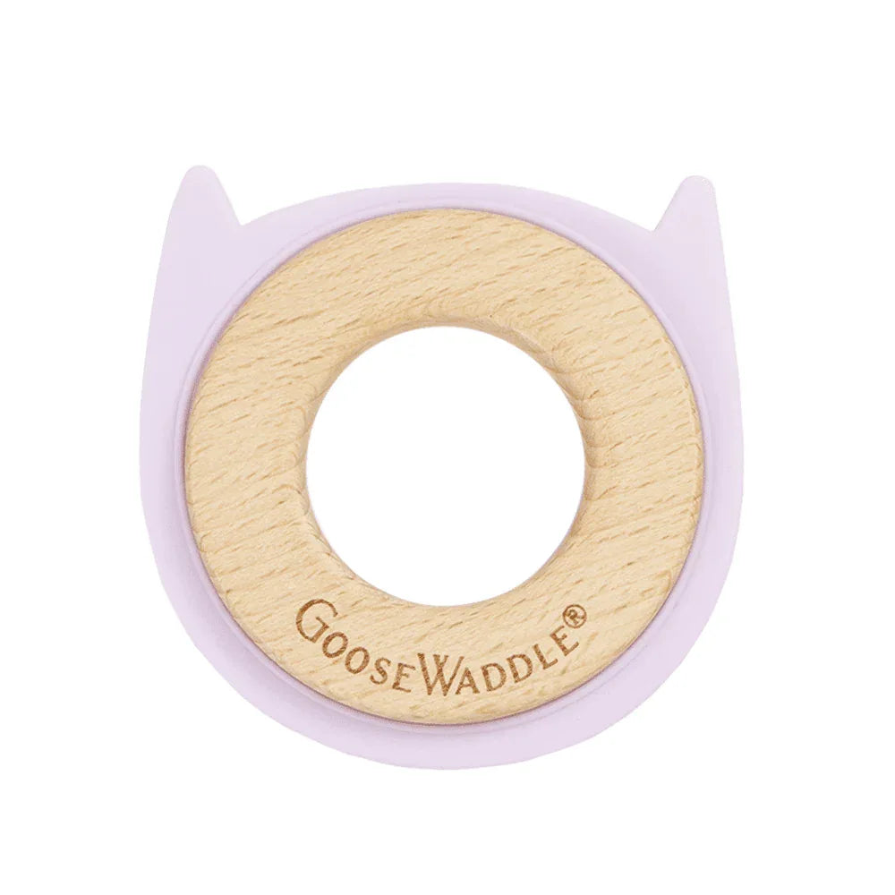 Lavender animal teether made of soft silicone and natural wood with Goosewaddle engraving