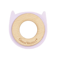 Lavender animal teether made of soft silicone and natural wood with Goosewaddle engraving