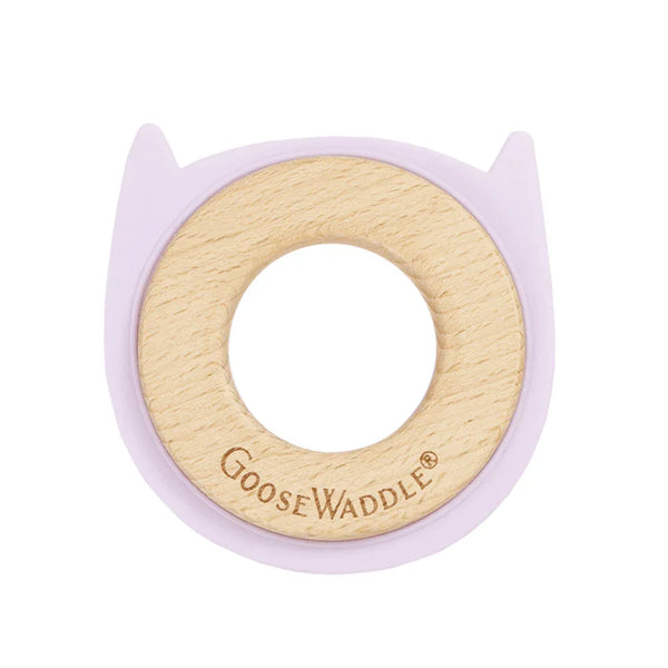 Lavender animal teether made of soft silicone and natural wood with Goosewaddle engraving