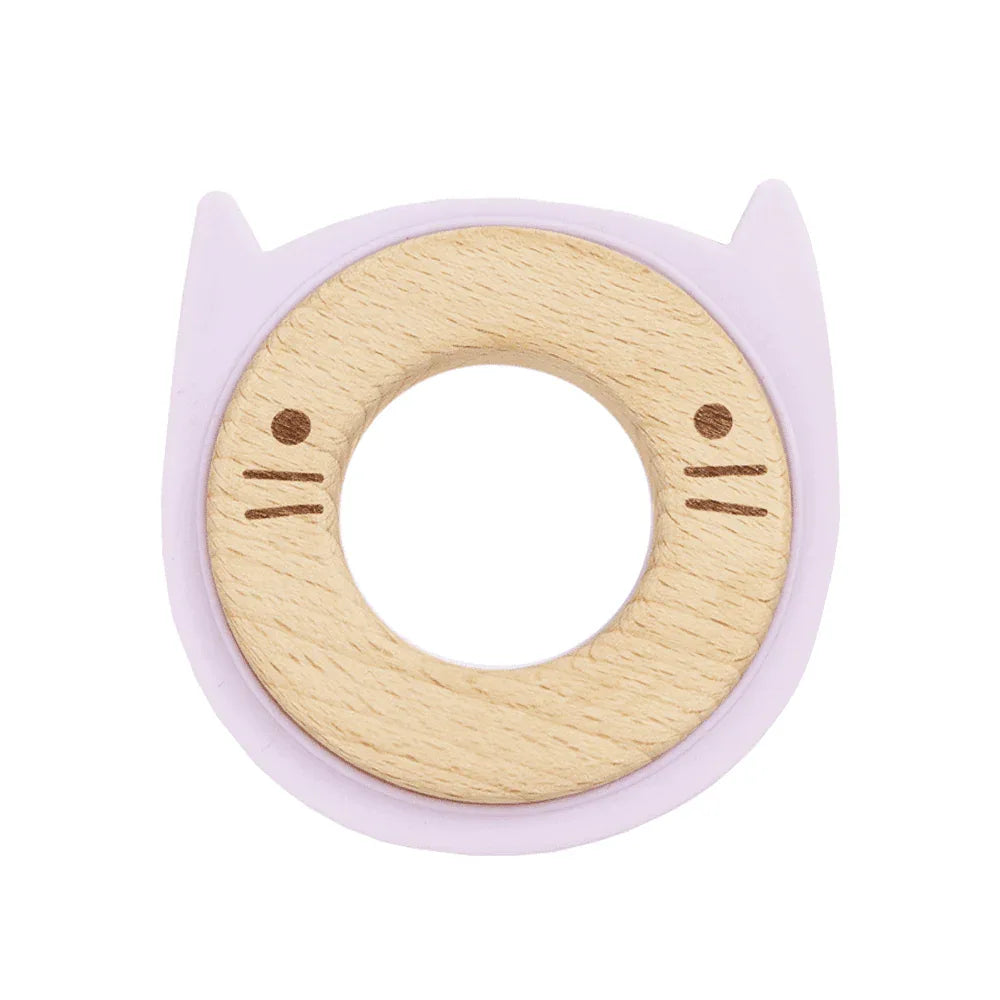 Lavender animal teether made of smooth wood and soft lavender silicone for babies