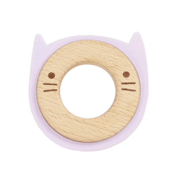 Lavender animal teether made of smooth wood and soft lavender silicone for babies