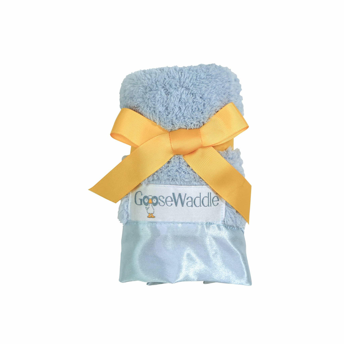 Blue luxury baby blankie with silk edges by Goosewaddle made of soft plush material with yellow ribbon