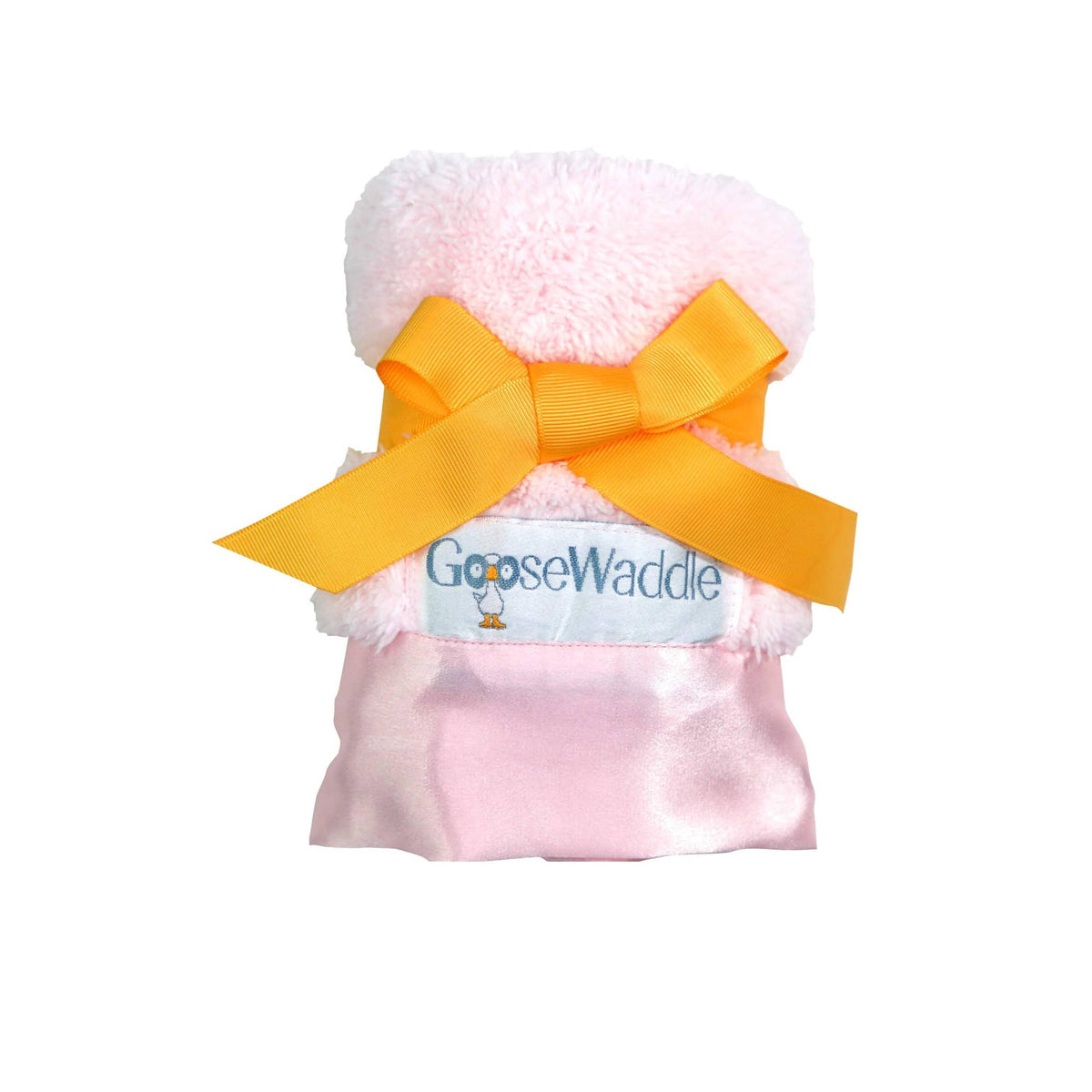 Pink luxury baby blankie with silk edges made of soft plush material tied with yellow ribbon