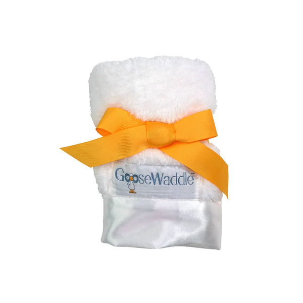 White plush Goosewaddle luxury baby blankie with silk edges and orange ribbon tie