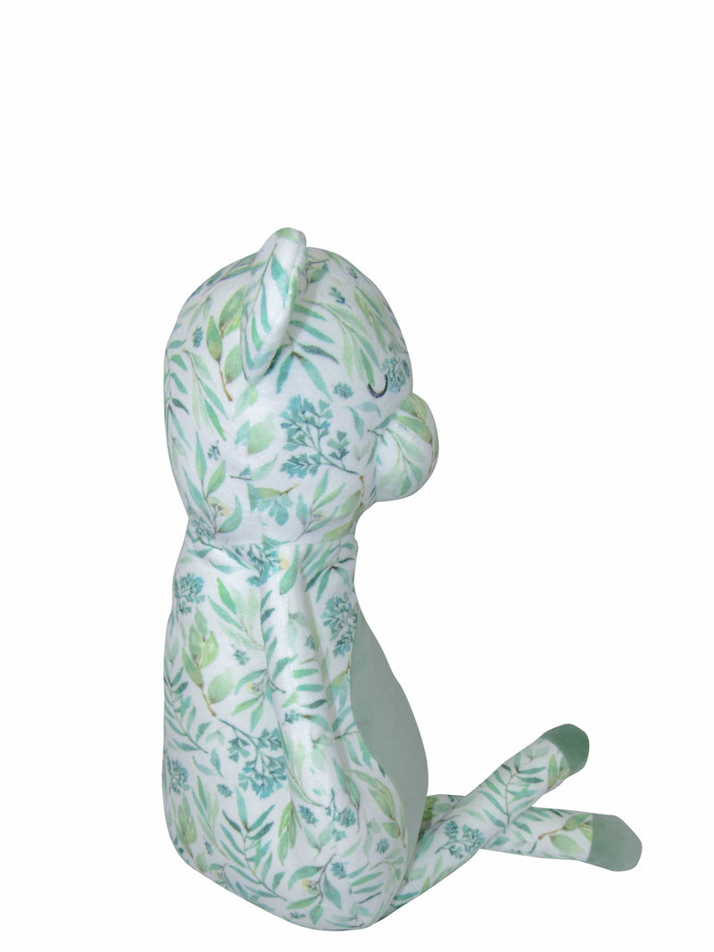 Side view of the Super Soft Printed Plush 15" bear toy, highlighting its slim legs and soft green belly for easy grasping.