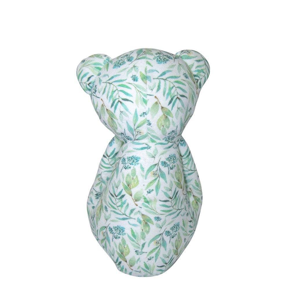 Mint plush bear for babies with green leaf print sitting upright from Goosewaddle