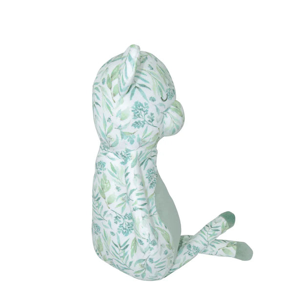 Mint plush bear for babies with green leaf print sitting upright designed for newborns