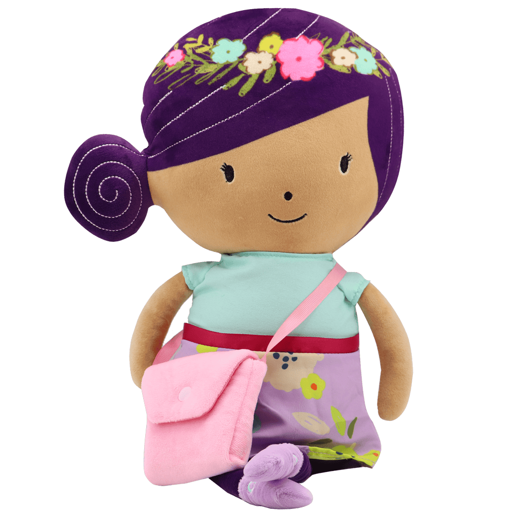 Parker the Woodland Princess Plush Doll, a soft and cuddly woodland princess plush doll featuring a cute face, colorful dress, and a shoulder bag, perfect for children ages 3 to 8.
