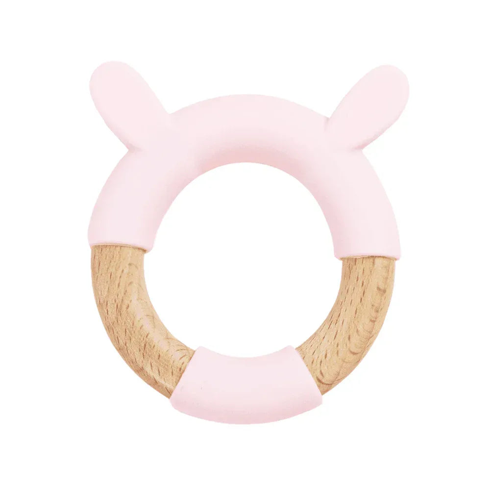 Pink bunny teether made of soft silicone and natural wood for safe baby chewing