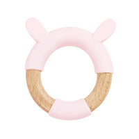 Pink bunny teether made of soft silicone and natural wood for safe baby chewing