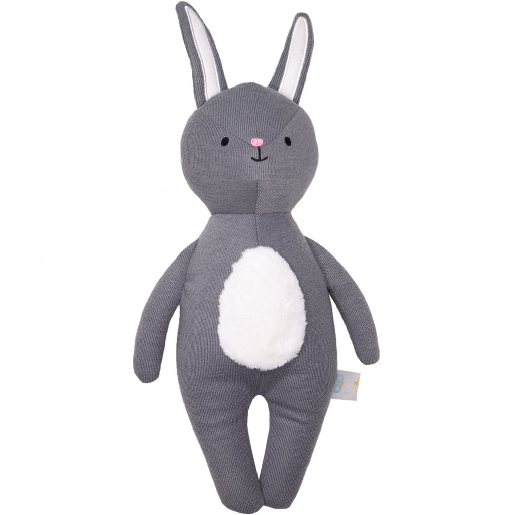 Bunny Knit Plush, a soft and cuddly gray bunny plush toy with a white tummy, perfect for newborns and toddlers, ideal for snuggling and companionship.