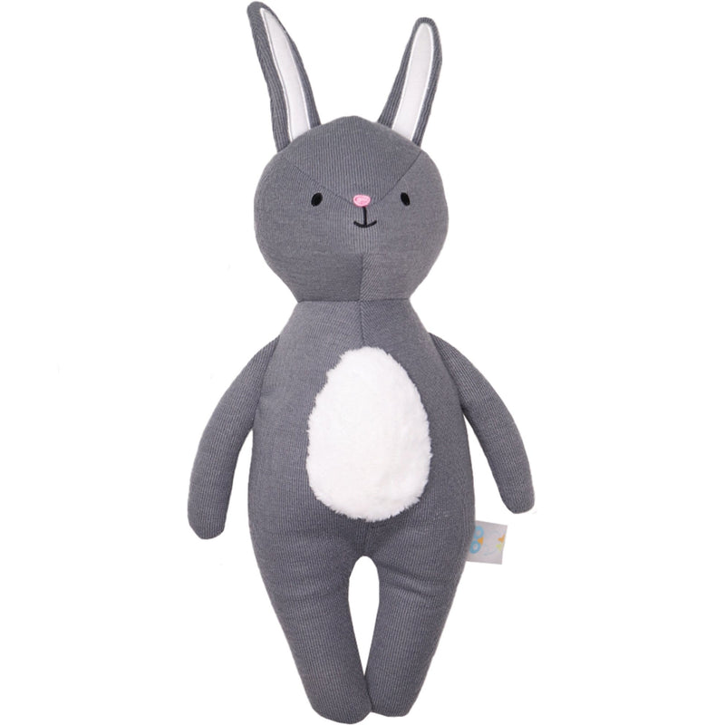 Bunny Knit Plush, a soft and cuddly gray bunny plush toy with a white tummy, perfect for newborns and toddlers, ideal for snuggling and companionship.