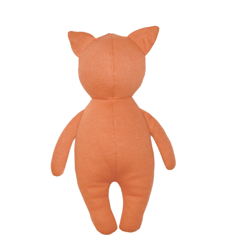 Back view of the Fox Knit Plush, a soft cuddly toy designed for infants, showcasing its adorable shape and huge appeal for little ones.