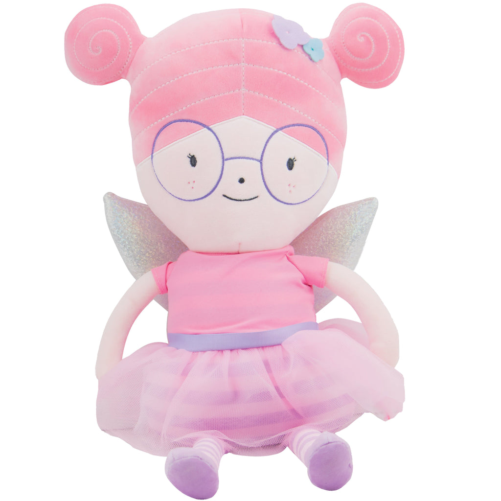 Meg Fairy Plush Doll with Dress and Wings, featuring a pink fabric body and shimmering silver wings, perfect for imaginative play.