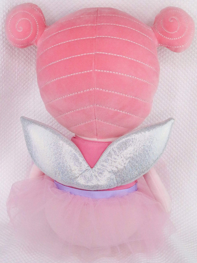 Back view of the Meg Fairy Plush Doll with Dress and Wings, highlighting the silver wings and unique spiral hairstyle.