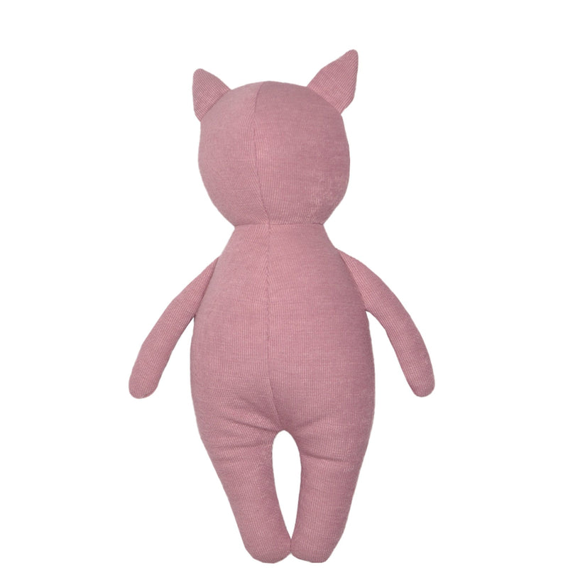 Back view of the Pig Knit Plush, a soft and cuddly toy designed for infants, highlighting its adorable ears and cozy knit texture.