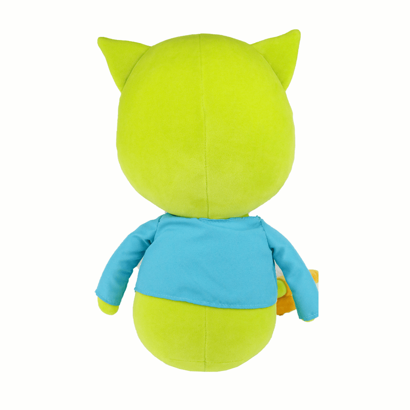 Back view of Tripp Fox Plush Doll with Shirt/Bow Tie for Babies, displaying its soft green fabric and playful character, designed as a safe plush doll for babies.
