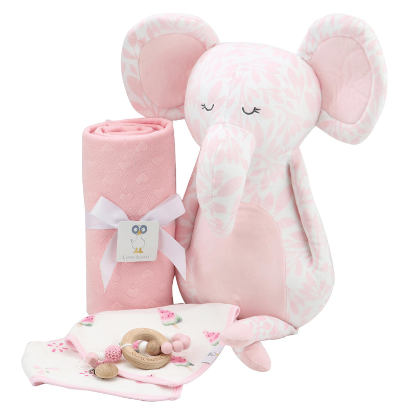 Super Soft Printed Plush 15-inch pink elephant toy featured with a matching blanket and accessories, great for gifts and nursery sets.