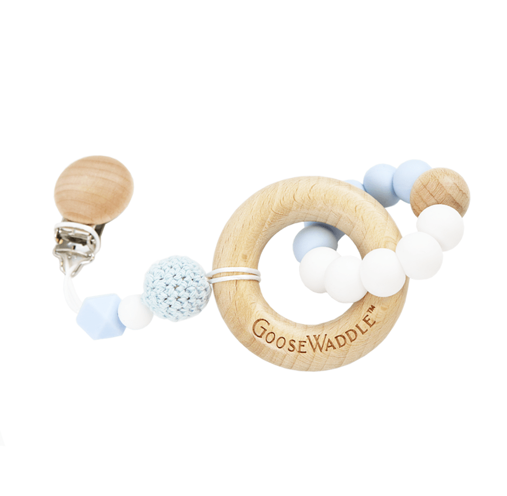 Goosewaddle silicone teether with wooden ring and light blue and white beads for newborns