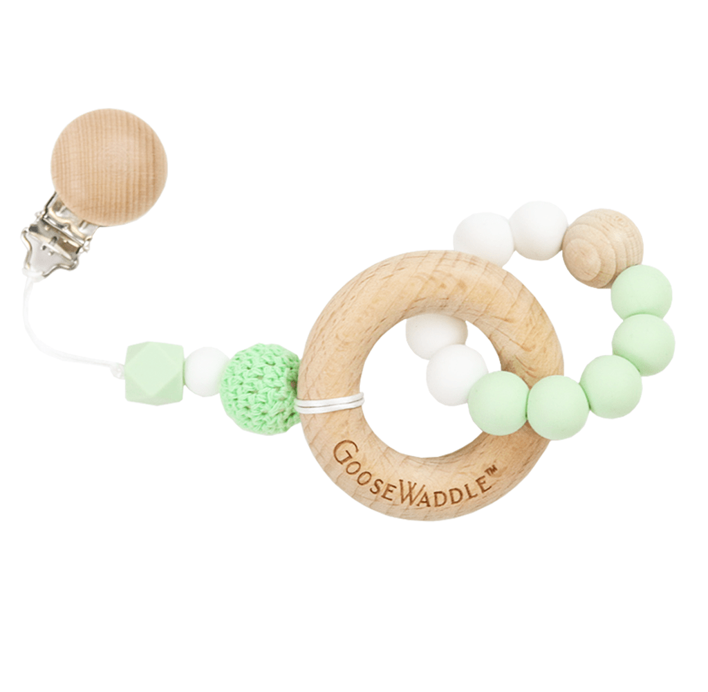 Goosewaddle silicone teether for babies with wooden ring and mint green beads
