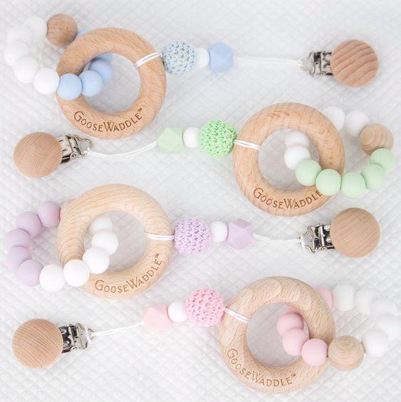 Goosewaddle silicone teether with wooden ring and pastel colored beads for newborn babies