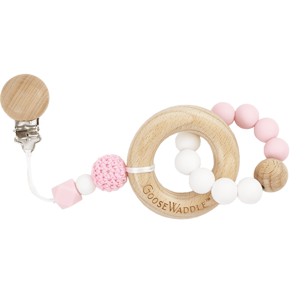 Goosewaddle silicone teether with wooden ring and pink white beads for babies
