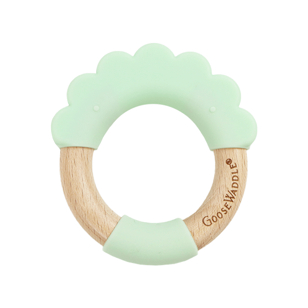 Goosewaddle green and wood round silicone teether toys for newborns with scalloped top design