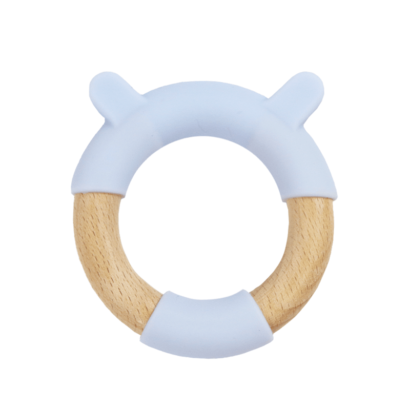 Top view of Blue Bear Circle Bear Head Teether Silicone + Wood Teether showcasing its gentle design made from silicone and wood, ideal for babies.