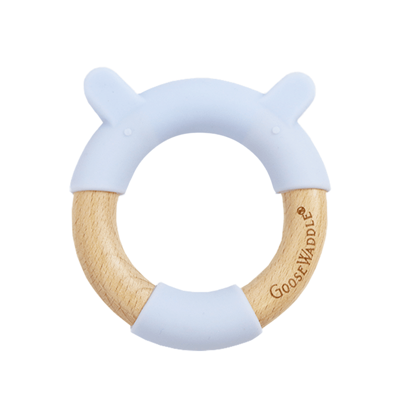 Blue Bear Circle Bear Head Teether Silicone + Wood Teether featuring soft silicone and natural wood construction, perfect for teething infants.