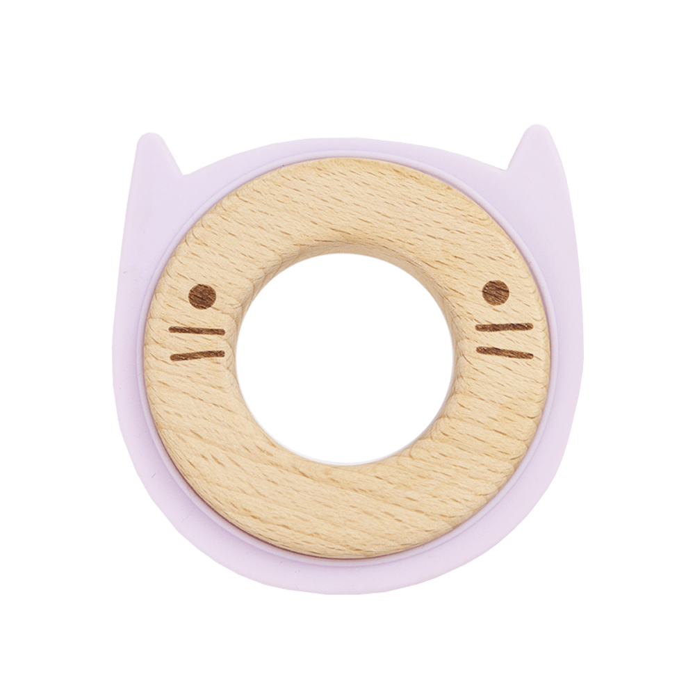Lavender Animal Teether Wooden + Silicone with cat ears, featuring a circular design made of natural birch wood and soft lavender silicone, perfect for soothing teething babies.