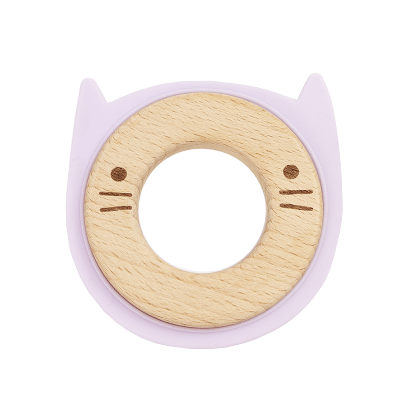 Lavender Animal Teether Wooden + Silicone with cat ears, featuring a circular design made of natural birch wood and soft lavender silicone, perfect for soothing teething babies.