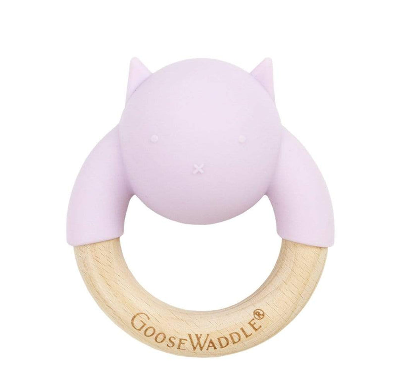Rattle Teether Wooden + Silicone in soft lavender color, featuring a cute cat design, perfect for babies during teething phase.