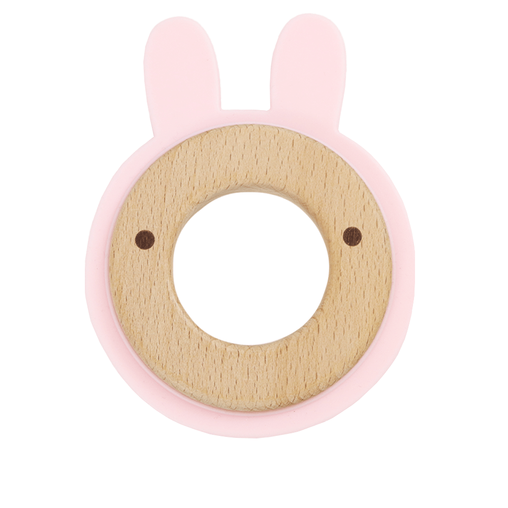 Pink Bunny Silicone + Wood Teether featuring a cute bunny design with soft pink silicone and natural wood for baby comfort.