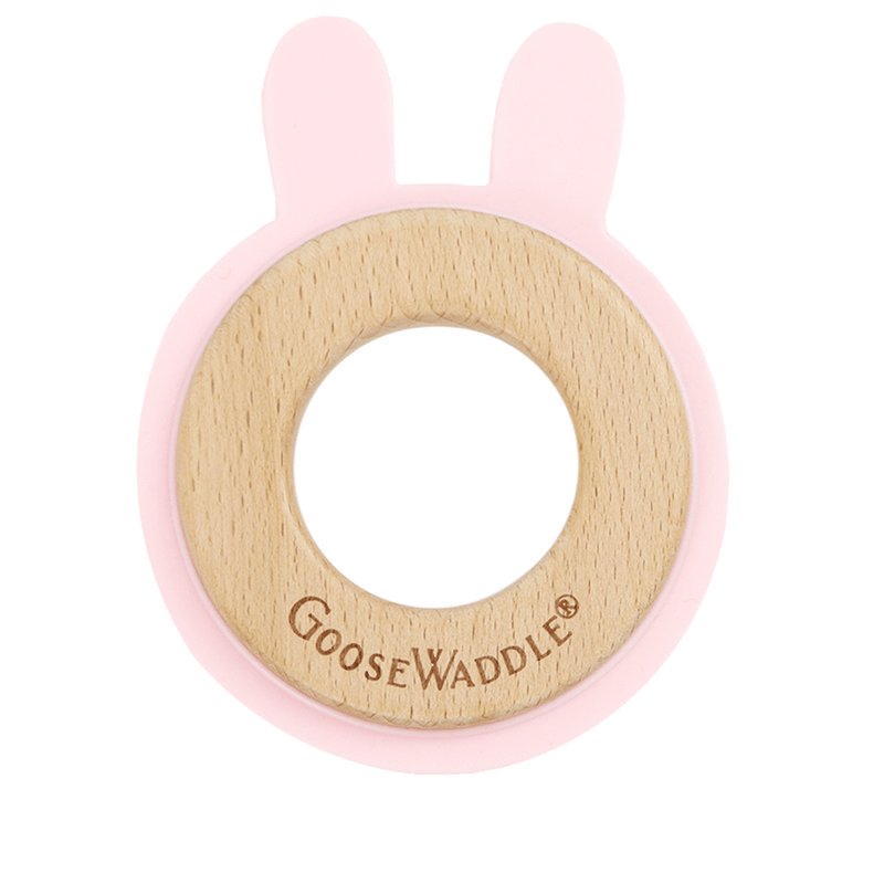 Pink Bunny Silicone + Wood Teether showcasing the brand GooseWaddle® engraved on natural wood, perfect for soothing teething infants.