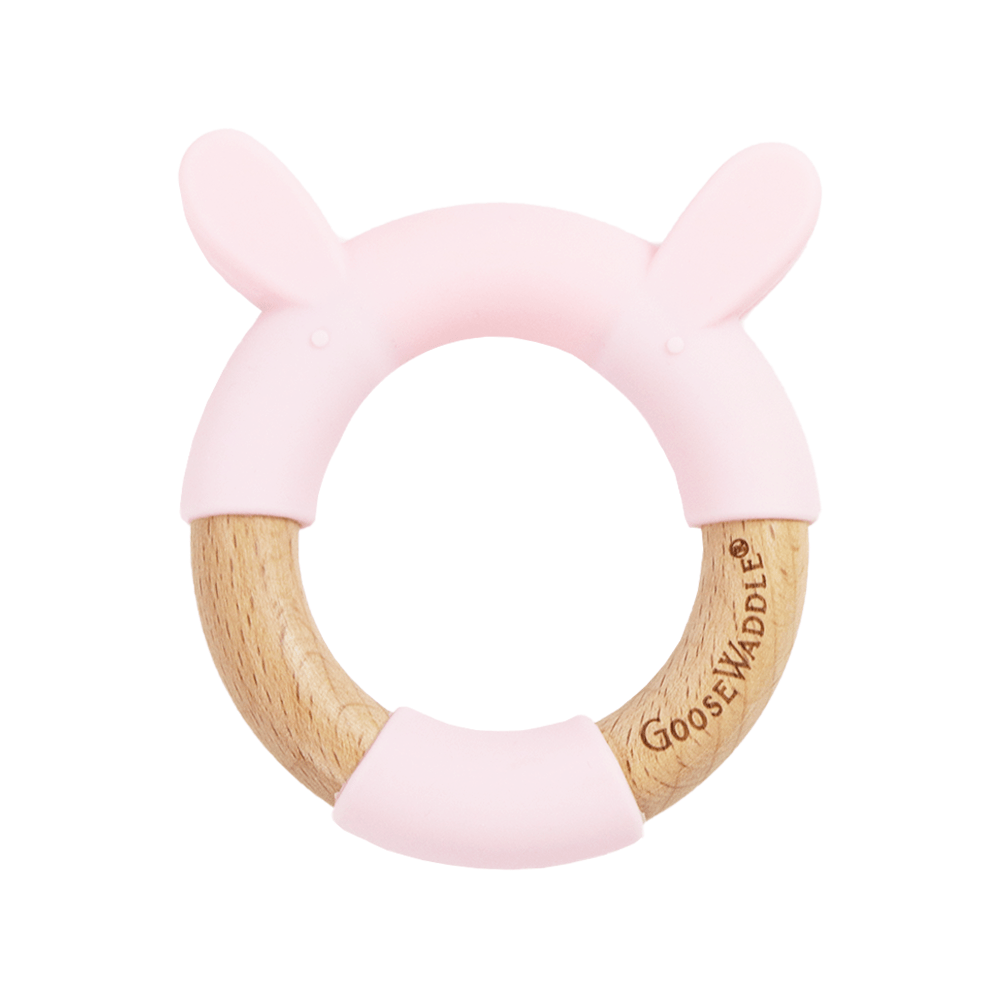 Pink Bunny Circle Bunny Head Teether Wooden + Silicone, featuring a soft silicone ring and natural wood base, designed for soothing teething babies.