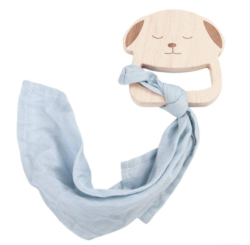 Puppy Wooden Teether & Blue Blankie set featuring a cute wooden teether shaped like a puppy's face with a soft blue fabric attached, ideal for teething babies.