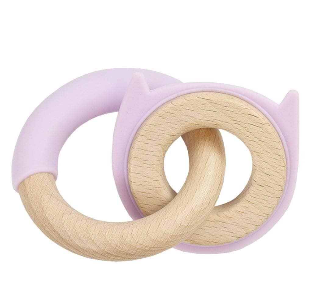 Light purple and natural wood teething toy with smooth wooden rings and silicone accents