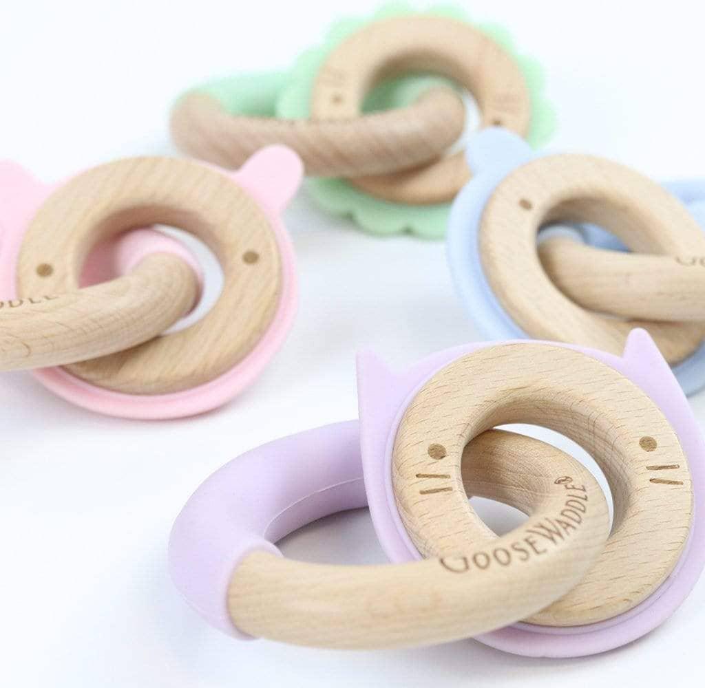 Lavender Kitten Silicone + Wood Double Teething Toy - The Palm Beach Baby