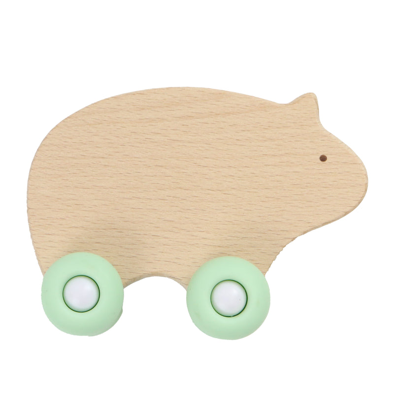 Front view of the Silicone + Wood Teether with Wheels, showcasing its cute animal design and light green wheels, perfect for teething.