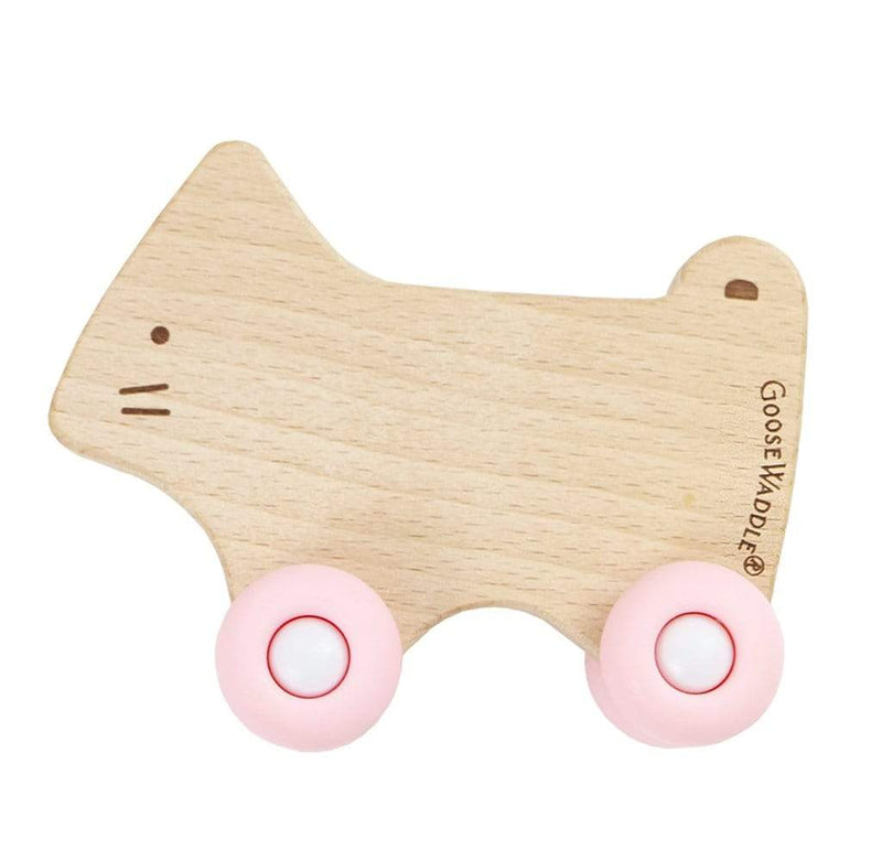 Silicone + Wood Teether with Wheels featuring a charming wooden dog design and pink wheels, perfect for babies 4 months and older.