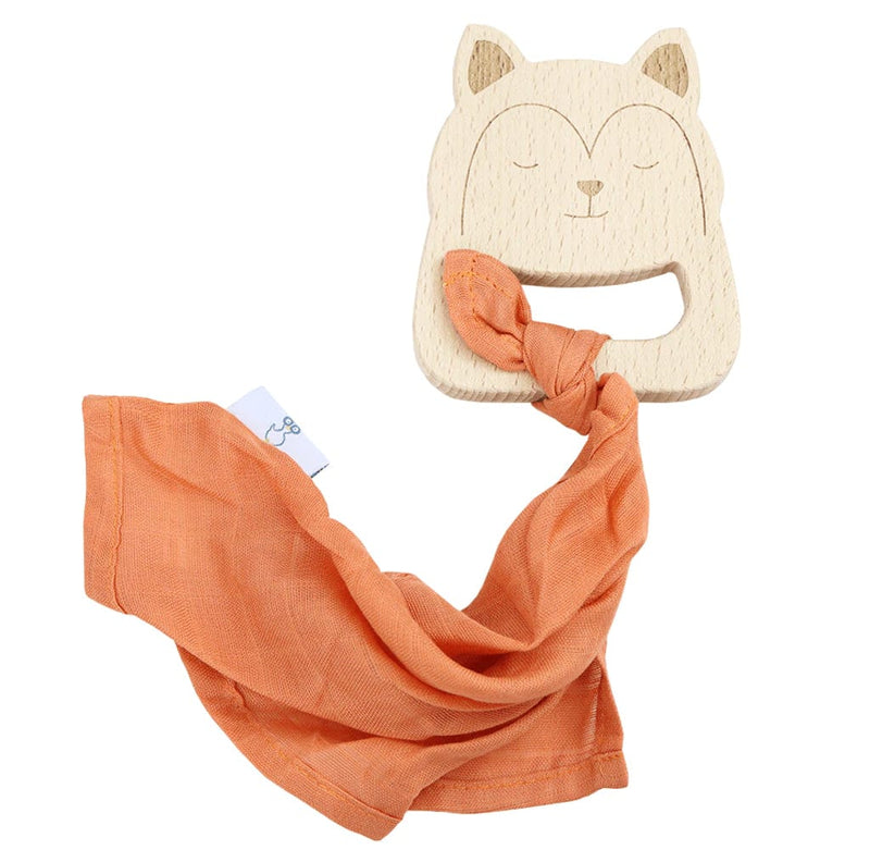 Terracotta Fox Gift Set includes a charming wooden fox teether with an orange muslin cloth, ideal for soothing babies during teething.