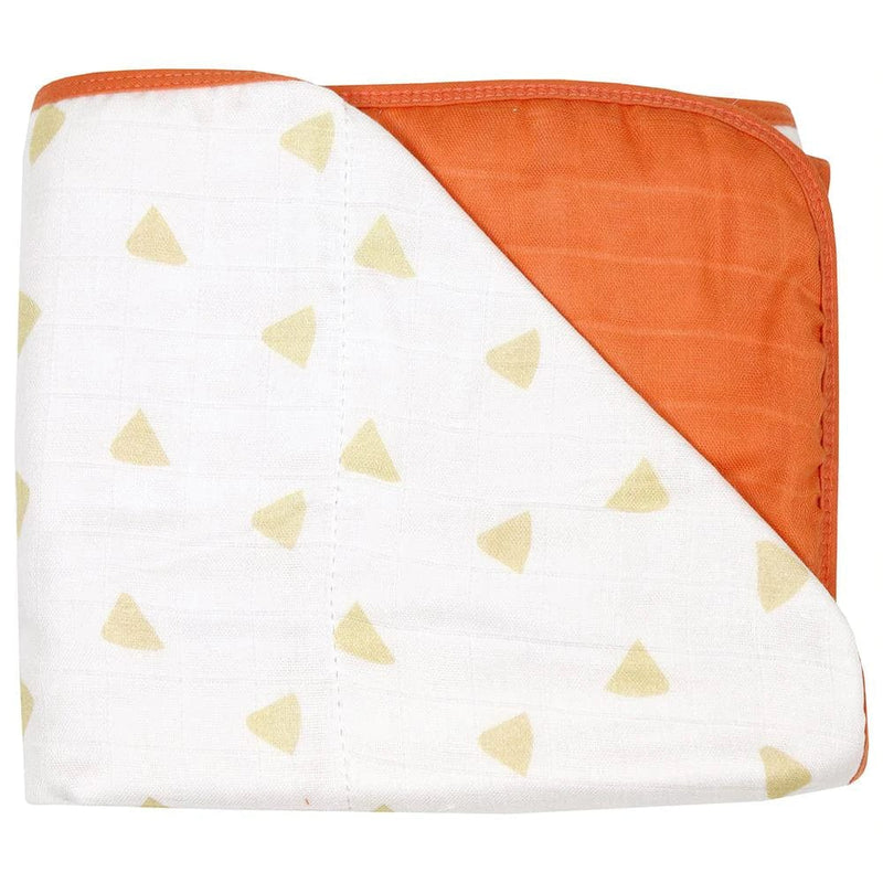 Terracotta Fox Gift Set featuring a beautifully designed oversized muslin quilted blanket with yellow triangles and a terracotta edge, perfect for wrapping little ones in comfort.